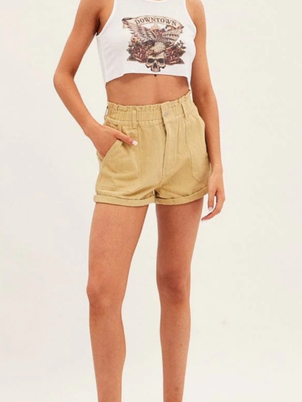 NWT AUS StndrdDenim Olive Green High-Rise Paperbag Waist Women's Shorts
